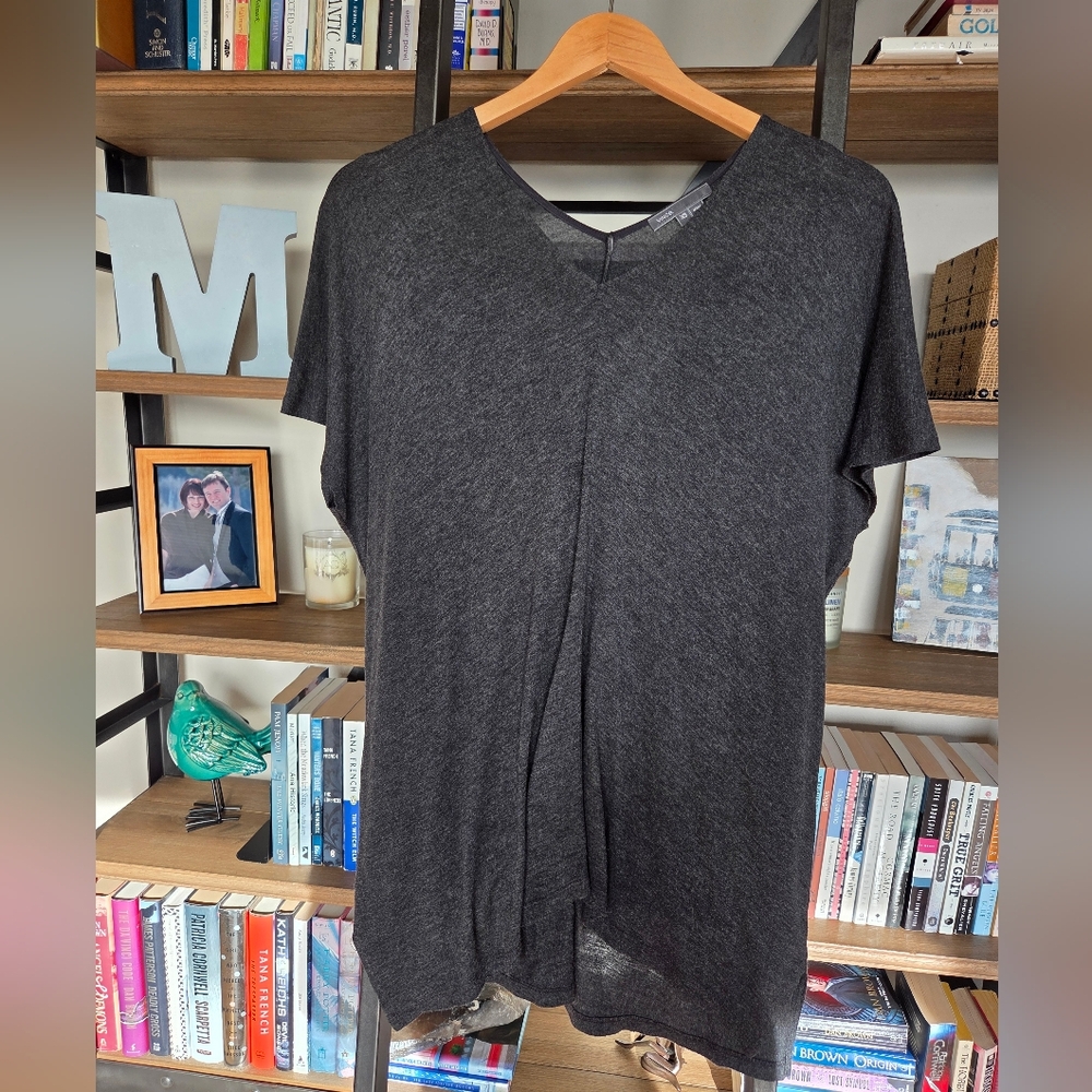 Vince Dark Gray V-Neck Short Sleeve Cotton Jersey Tunic, Size XS